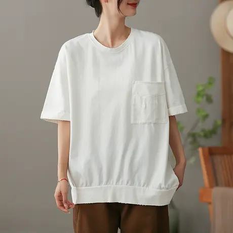 dza文艺复古白色纯棉T恤女2023夏季圆领短袖体恤宽松显瘦套头上衣商品大图