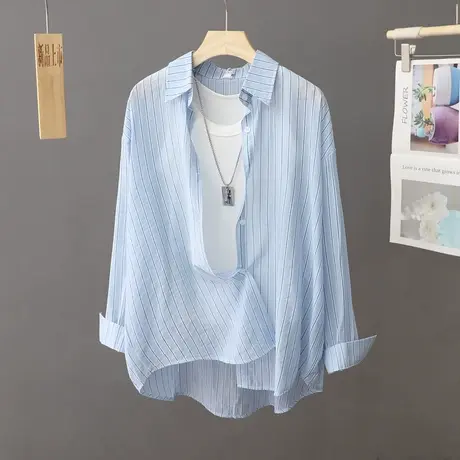洋气条纹防晒衬衫女长袖夏装新款宽松时尚轻薄开衫防晒外套上衣潮图片