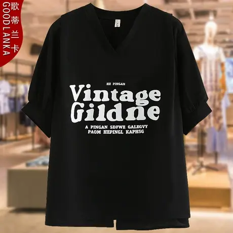 加肥加大码胖妈妈夏季雪纺衫上衣宽松时尚中年女士印花V领短袖T恤商品大图