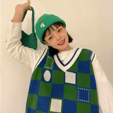 红续马甲背心针织女外搭叠穿毛线马夹坎肩秋冬季外穿V领格子毛衣图片