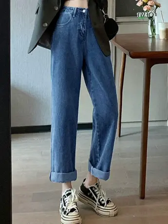 清仓捡漏高腰显瘦阔腿裤复古蓝牛仔裤女春季2023新款小个子翻边商品大图