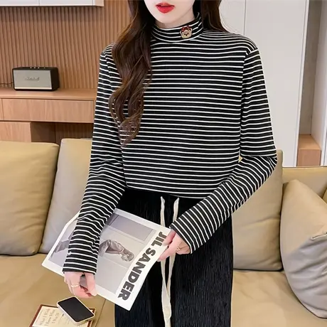 德绒半高领长袖t恤女秋冬修身加绒加厚内搭小心机打底衫条纹上衣商品大图