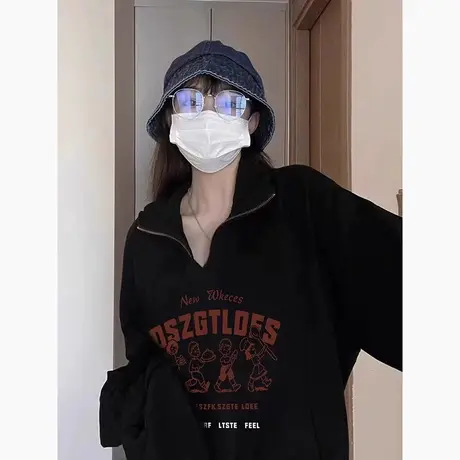 大领口卫衣女Polo衫设计感V领长袖加绒ins潮大码宽松秋冬显瘦上衣图片