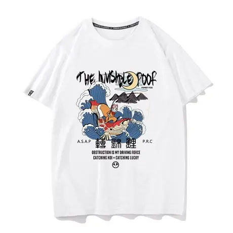 日本浮世绘原创日系原宿风转运鲤鱼海浪卡通图案周边T恤短袖衣服图片