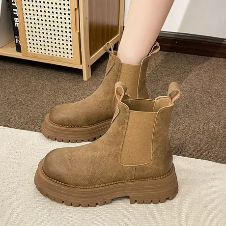 2023秋季新款小众英伦风复古套筒机车马丁靴女圆头厚底切尔西短靴图片