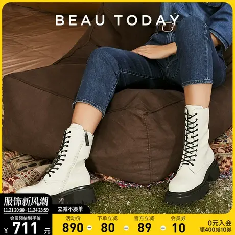 BeauTodayBT高筒靴女秋季新款高跟真皮女靴厚底系带英伦风单靴图片