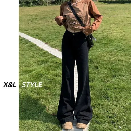 黑色微喇叭牛仔裤女秋冬2023新款高腰显瘦设计感宽松阔腿拖地裤子商品大图