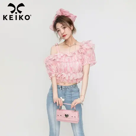 樱花落荷叶边粉色雪纺衬衫仙女夏季设计感甜辣一字肩短款薄纱上衣商品大图