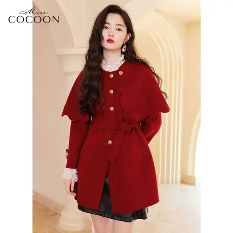 missCOCOON红色毛呢外套女2022新款秋冬中长时尚斗篷羊毛呢子大衣商品大图