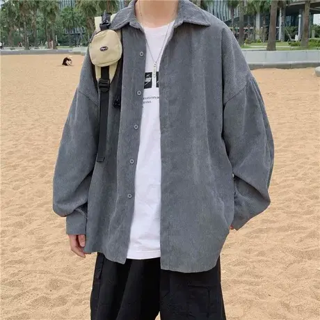 痞帅衬衫男长袖秋季韩版宽松灯芯绒外套港风ins日系复古百搭衬衣商品大图