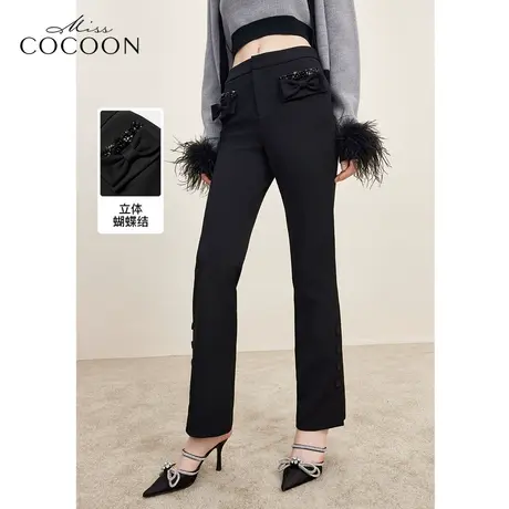missCOCOON黑色钉珠蝴蝶结设计感休闲裤女2023秋冬新款开叉直筒裤图片