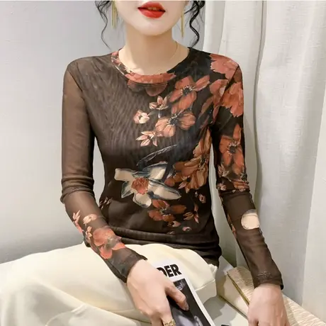欧货秋冬新款T恤复古网纱印花时尚洋气内塔上衣女修身显瘦打底衫商品大图