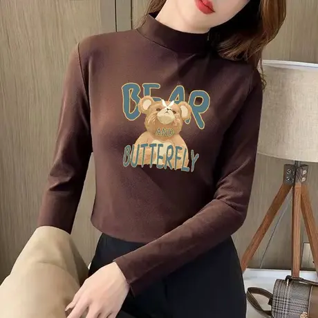 德绒磨毛半高领长袖t恤女时尚百搭美拉德内搭打底衫上衣秋冬加绒商品大图