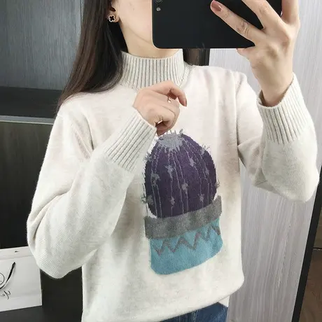 半高领毛衣女士秋冬季加厚打底衫2023新款女装宽松针织衫洋气上衣商品大图