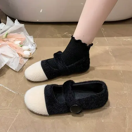 高级感小香风毛毛鞋女外穿冬季加绒法式玛丽珍鞋子女鞋平底单鞋女商品大图