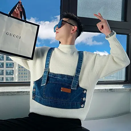 冬装拼接背带潮牌厚款个性原宿潮流ins假两件针织衫ins男士毛衣商品大图