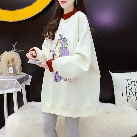 加绒加厚卫衣女中长款打底衫春季2024新款洋气减龄宽松慵懒风上衣图片