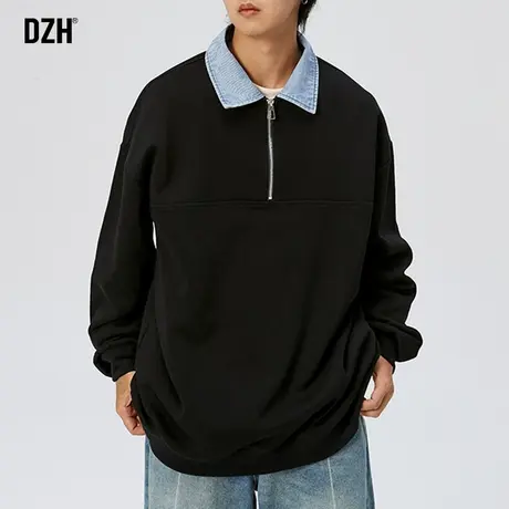 男士黑色polo领卫衣男春季新款上衣拼接衣服男款美式高街外套潮牌图片