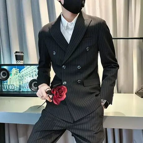 西装商务休闲英伦风春秋季修身潮男发型师双排扣条纹单西礼服外套商品大图