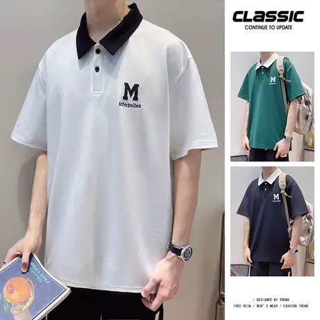 夏季新款polo衫短袖男美式字母情侣装休闲运动衣服宽松日系体恤衫图片