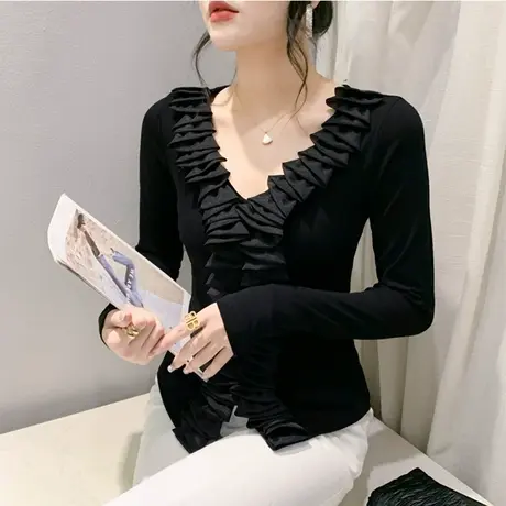 设计感别致镂空V领拼接荷叶边长袖打底衫洋气减龄上衣女修身T恤潮商品大图