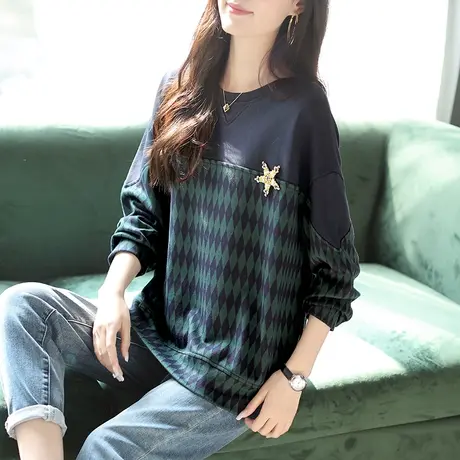 宝诗黎圆领格子拼接落肩卫衣女2024新款长袖上衣百搭慵懒宽松春装图片