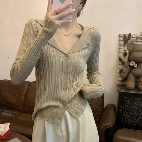 法式别致v领针织开衫女早秋季修身内搭长袖打底衫显瘦气质上衣服商品大图