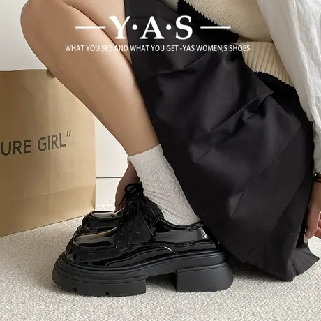 英伦风粗跟小皮鞋2024春季新款洋气复古厚底增高休闲韩式系带单鞋商品大图