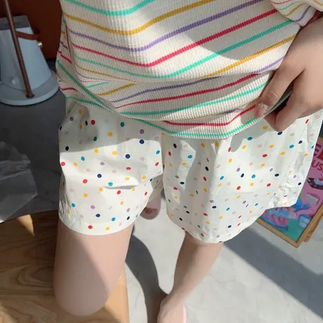 纯棉彩色波点短裤宽松舒适家居裤睡裤女夏高腰休闲裤印花大码韩版商品大图