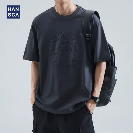 hansca 圆领短袖t恤男宽松复古夏季潮牌大码休闲纯棉印花半袖上衣商品大图
