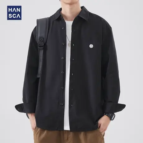 hansca日系翻领长袖衬衫男春季新款纯色简约刺绣宽松休闲上衣外套商品大图