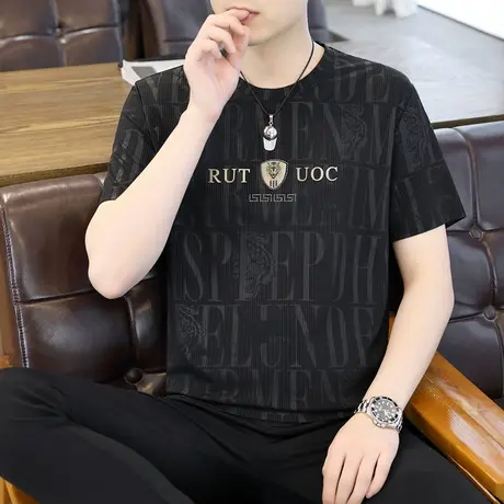 2023夏季新款男士冰丝短袖T恤加肥加大码男装烫钻logo半袖体恤衫商品大图