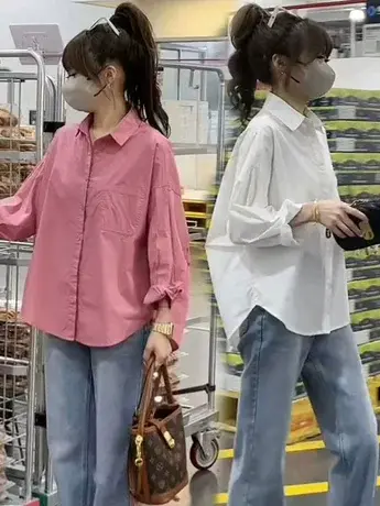 休闲简约纯色衬衫女2024春季新款宽松不规则中袖半袖衬衣ins潮商品大图