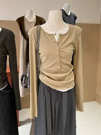 假两件t恤女长袖设计感别致正肩修身 叠穿风韩版外穿简约打底上衣商品大图