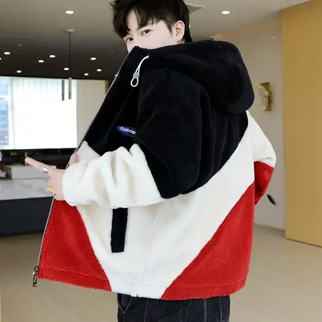 颗粒绒夹克男冬季情侣保暖连帽棉衣潮牌仿羊羔毛加厚学生拼色外套商品大图