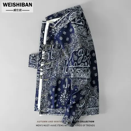 秋季小众设计感腰果花牛仔夹克男美式休闲高街机车服复古嘻哈外套商品大图