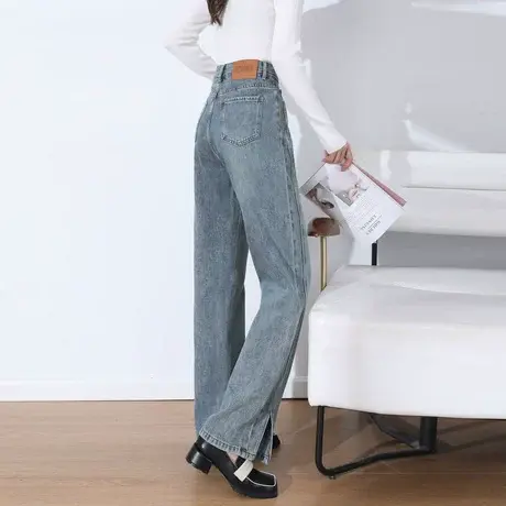 时尚气质开叉牛仔裤2023年秋季新款女士高腰显瘦百搭通勤直筒长裤商品大图