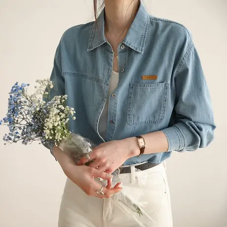 嘉茱莉2023年新款浅蓝色牛仔衬衫女长袖上衣内搭叠穿衬衣休闲春秋商品大图