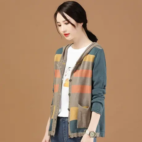 韩潮袭人撞色条纹连帽针织衫长袖开衫2023秋装新款宽松毛衣外套女图片