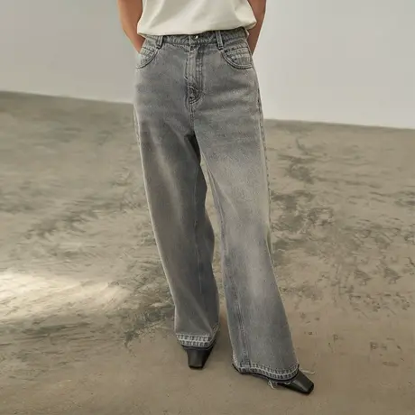 omont蛋挞家 复古毛边牛仔裤女2023秋季新款宽松高腰显瘦直筒裤子图片