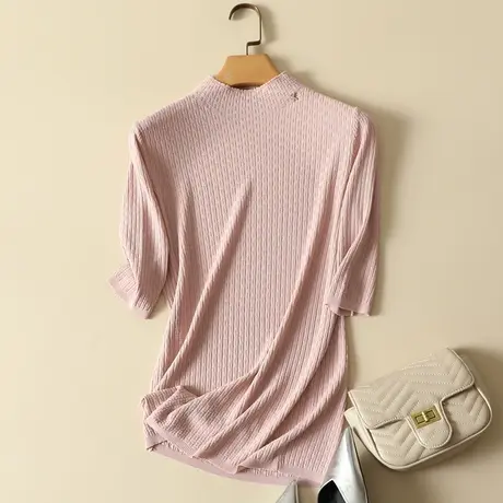 冰丝针织衫女半高领套头修身黑色打底衫薄款气质t恤上衣针织短袖商品大图