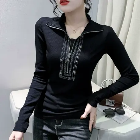 欧货拉链上衣女洋气百搭设计感烫钻T恤修身长袖显瘦别致打底衫冬商品大图