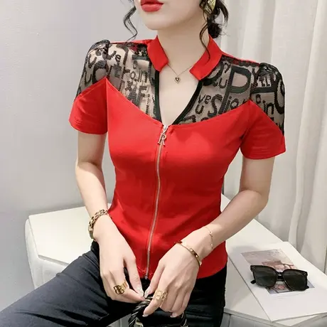 性感网纱拼接T恤女短袖欧货设计感拉链V领上衣洋气百搭立领小衫夏商品大图