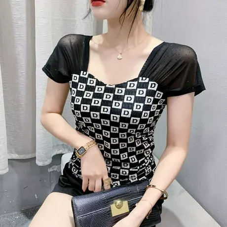 欧货网纱拼接短袖T恤女2023夏装新款性感V领修身上衣印花时尚小衫商品大图