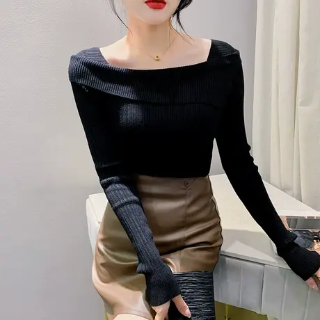 黑色性感一字领针织衫性感不规则长袖打底衫洋气修身减龄百搭上衣图片