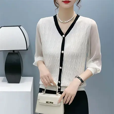 夏季v领冰丝针织衫女薄款中袖套头t恤2023新款宽松洋气七分袖上衣商品大图