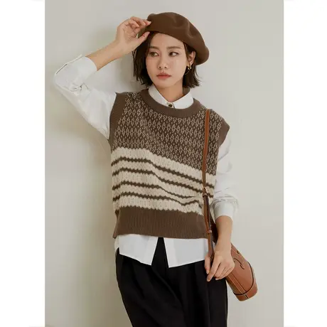 弥古咖色复古毛衣针织马甲女春秋外穿小众日系叠穿毛线背心高级感商品大图