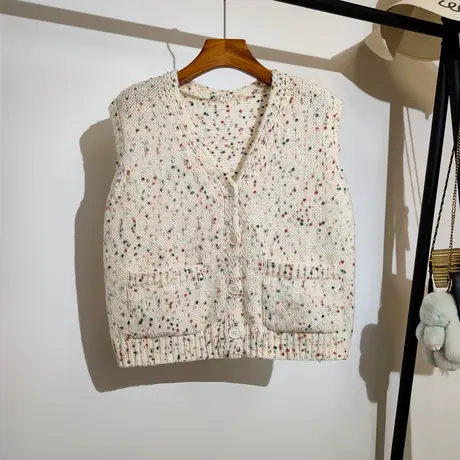 彩色点点针织马甲开衫女秋冬新款宽松叠穿小香风毛线背心上衣外穿商品大图