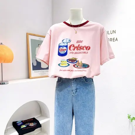 chic复古小众拼色短袖上衣2023夏季新款洋气甜酷休闲纯棉tee打底图片