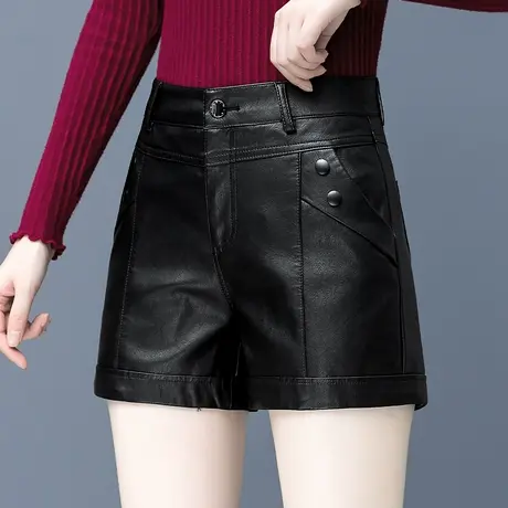 pu皮短裤女秋季2023年新款高腰直筒靴裤潮外穿时尚百搭a字皮裤子图片